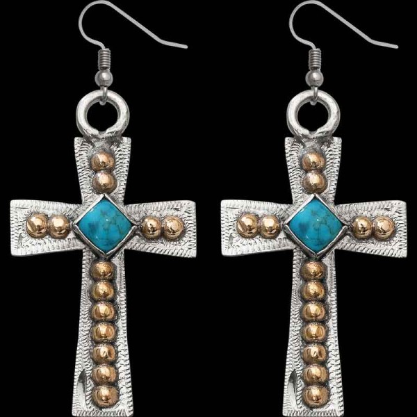 "This stunning set of Cross Earrings are crafted on a hand engraved, German silver base with a simple edge to show off the beauty of detailed scrolls.  .5"" x 1.5""

Browse more Western Jewelry by clicking Custom Bracelets and C